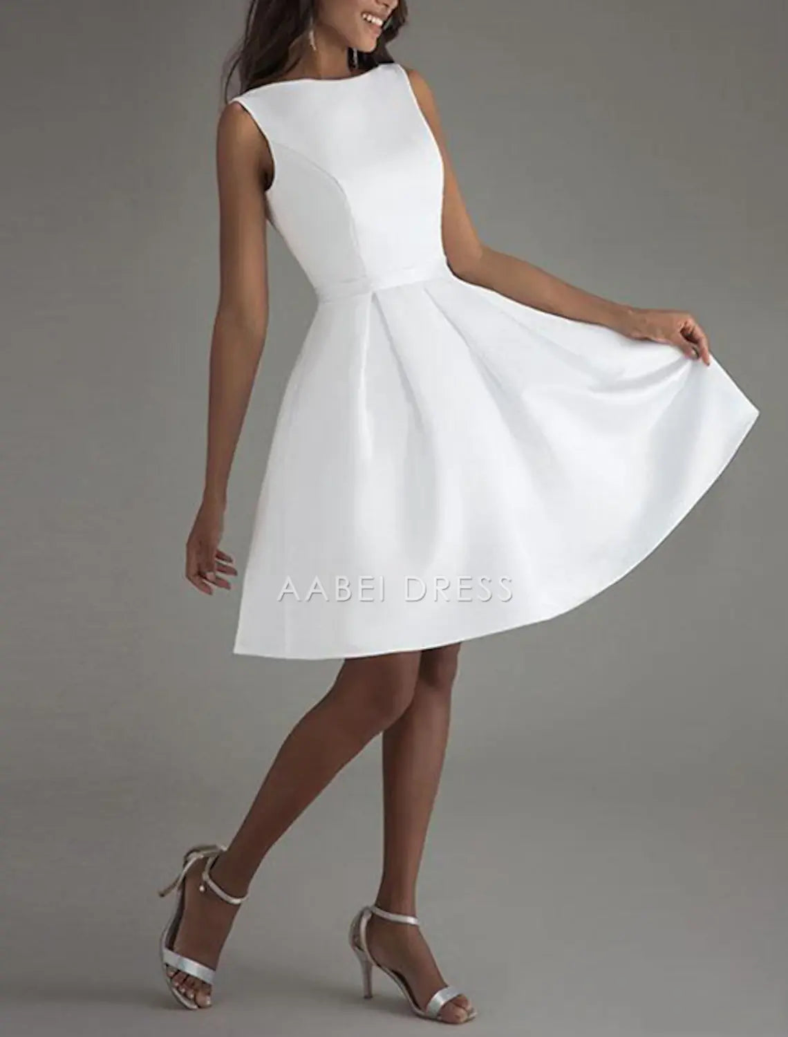 AABEI DRESS New Homecoming Dress A-Line Cocktail Dresses Minimalist Dress Wedding Guest Knee Length Sleeveless Boat Neck Satin V Back with Sleek Bow(s) Pure Color Simple Prom Dresse