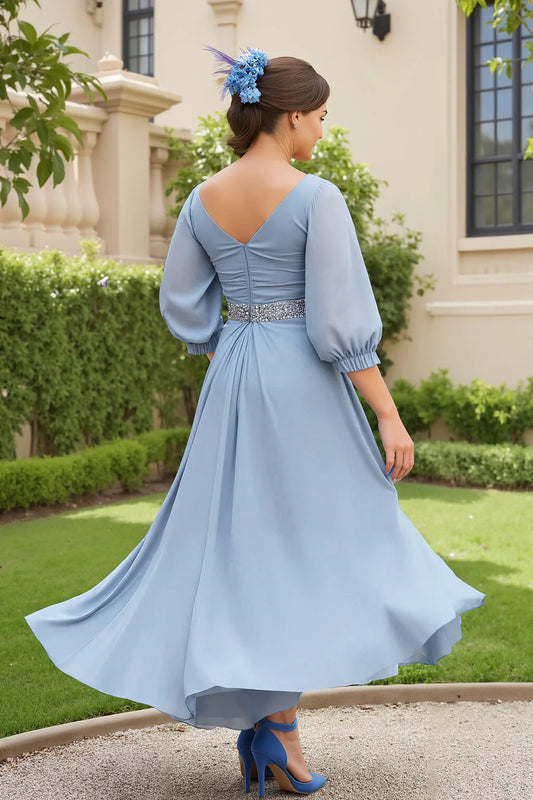 Dusty Blue Chiffon A Line V-Neck Waist Beading V Back 3/4 Long Sleeve Elegant Long Wedding Guest Dress Hot Sale Mother of the Bride Dresses