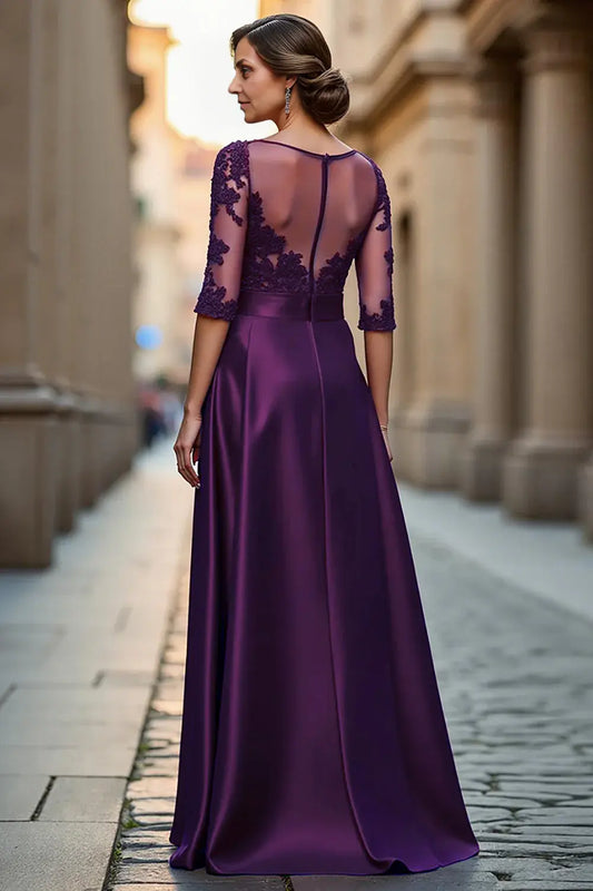 Wedding Guest Dress High Grade Purple Satin A Line Boat Collar 3/4 Long Sleeve with Lace Appliques Fashion Hot Sale Long Mother of the Bride Dress