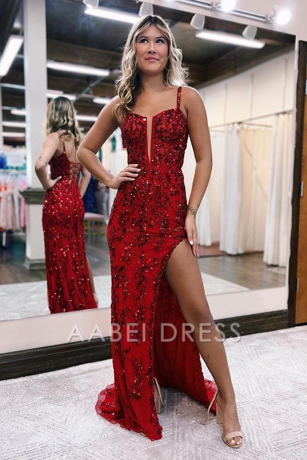 AABEI DRESS Evening Dress Sheath Corset Back With Beading Sequin Side Fork Prom Dress
