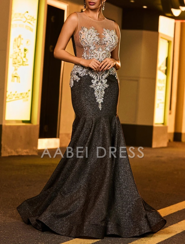 AABEI DRESS Mermaid Sleeveless Applique Backless Sweep Train High Quality Luxurious Evening Dress