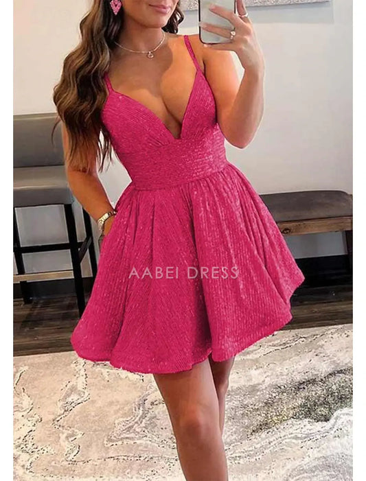 AABEI DRESS New Homecoming Dress Charming A-Line Party Dress Holiday Graduation Sleeveless Spaghetti Strap Sequined Glitter Short Prom Dresses