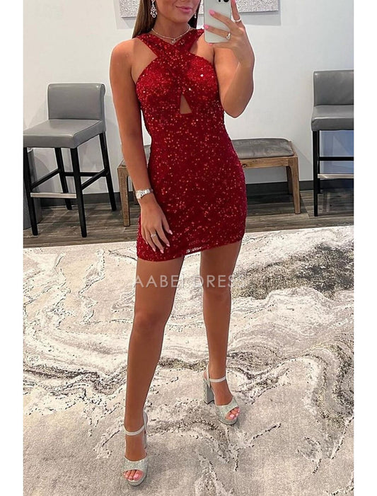 AABEI DRESS New Homecoming Dress Sheath Sequin Party Dress Holiday Graduation Sleeveless Halter Neck Sparkle Short Prom Dresses