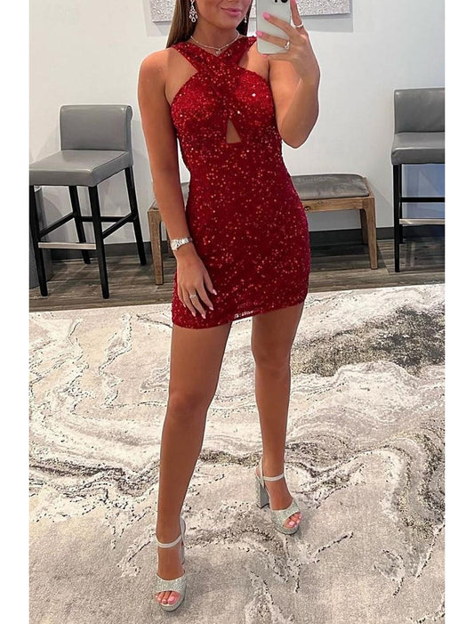 AABEI DRESS New Homecoming Dress Sheath Sequin Party Dress Holiday Graduation Sleeveless Halter Neck Sparkle Short Prom Dresses