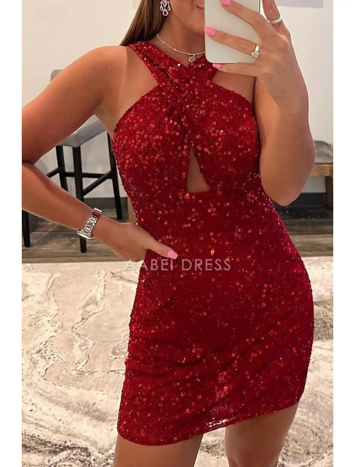 AABEI DRESS New Homecoming Dress Sheath Sequin Party Dress Holiday Graduation Sleeveless Halter Neck Sparkle Short Prom Dresses