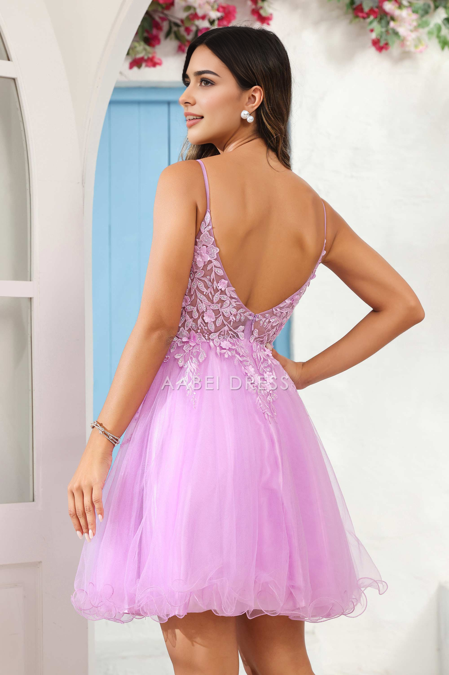 AABEI DRESS Short Dress Exquisite A Line V Neck See-Through Applique Tulle Backless New Homecoming Dress