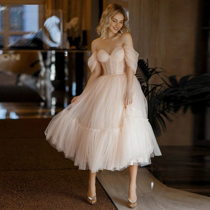 Evening Dress A Line Sweetheart Off Shoulder Tulle Tea Length Backless Tea-Length Elegant Formal Women's Dresses