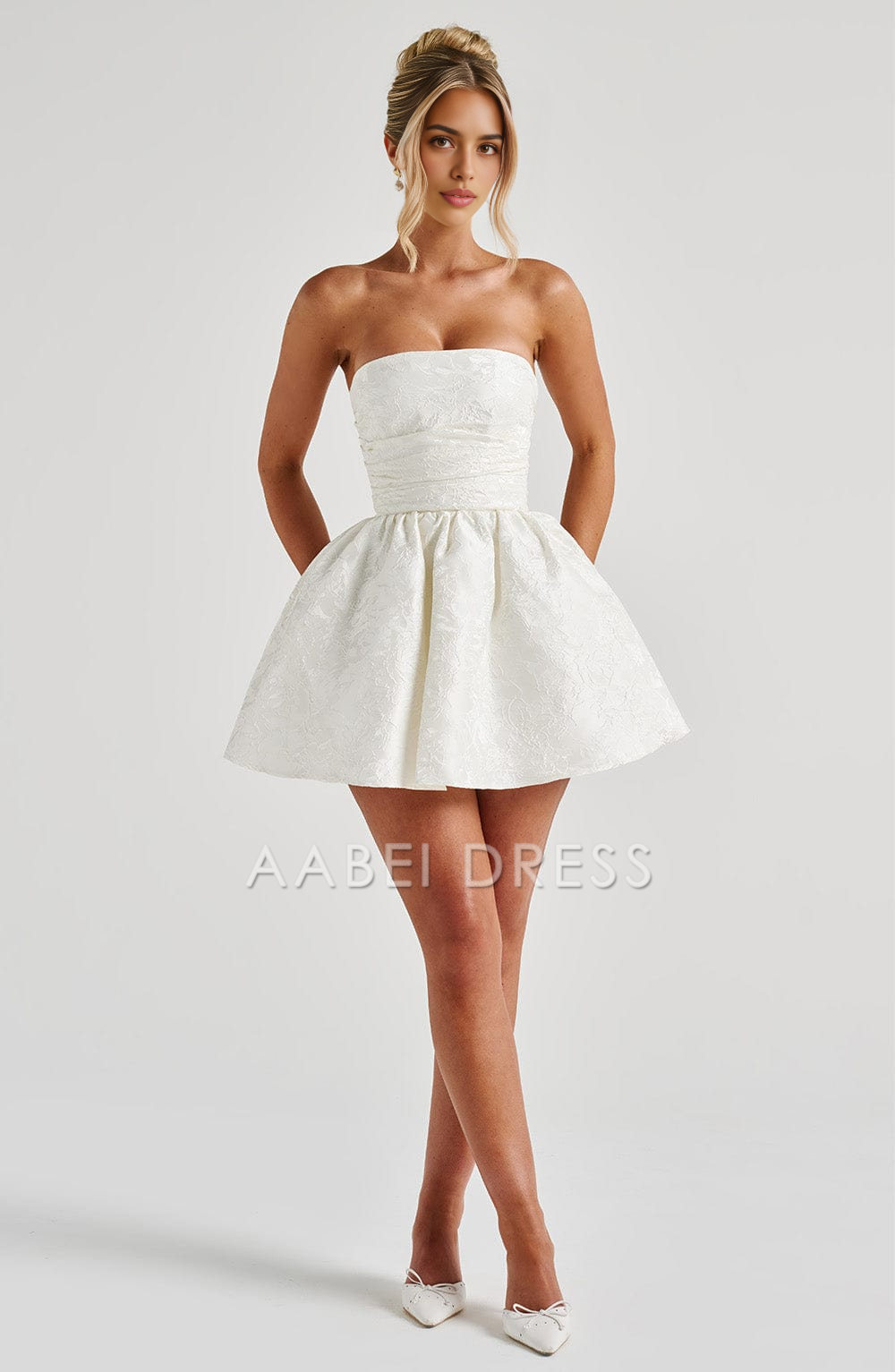 AABEI DRESS Hot Sale Homecoming Dress Fashion Floral Jacquard Fabric A Line Strapless Bow Back Mini Dress Retro Short Prom Dresse
