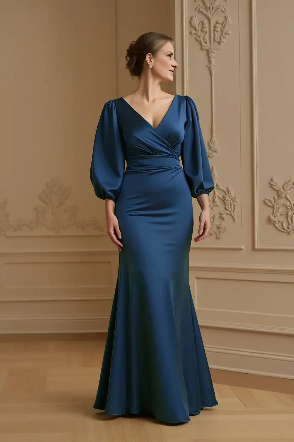 Navy Satin Mermaid V-Neck with 3/4 Long Sleeve Elegant Long Wedding Guest Dress Hot Sale Mother of the Bride Dresses
