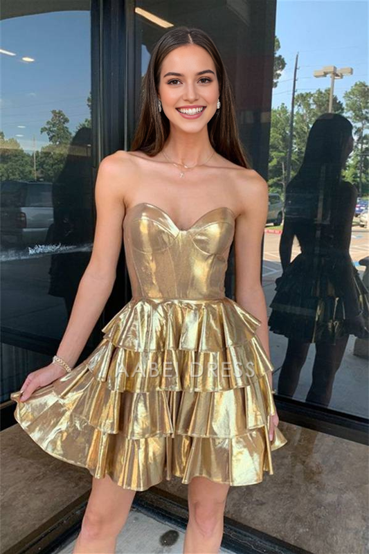 AABEI DRESS New Homecoming Dress Sparkle Metallic Corset A-Line Strapless Layered Ruched Fashion Short Prom Dresse