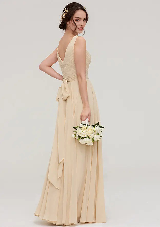 Classic Champagne Chiffon A-line V Neck Sleeveless With Sashes Pleated Affordable Floor-Length Bridesmaid Dress
