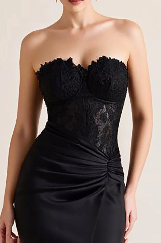 Elegant Black Lace Appliqued Sheath Mermaid Strapless Sweetheart Neckline Long Formal Dress with Slit Charming Evening Dresses