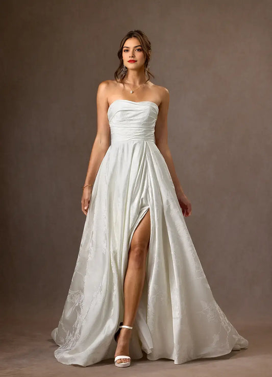 Gorgeous White A-Line Detachable Spaghetti Strap Sleeveless Floral Jacquard High Slit Backless Exquisite Hot Sale Wedding Dress