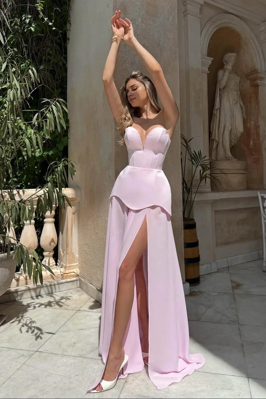 Modern Fashion Pink A Line Strapless Sweetheart Sleeveless With High Slit Charming Long Affordable Prom Dress