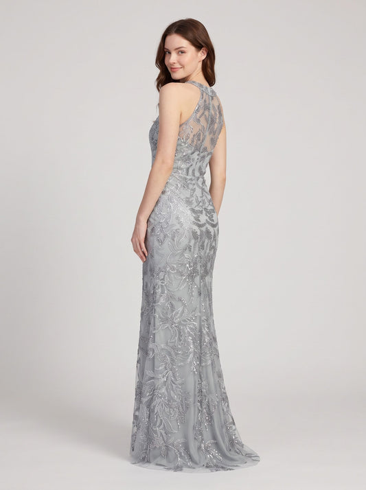 Silver Glitter Fabric Sheath/column Halter neckline High Back Floor-Length Dress