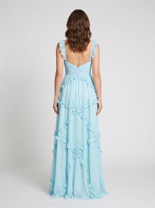 Sky Blue Chiffon A-Line Sweetheart Back Zip Floor-Length Dress