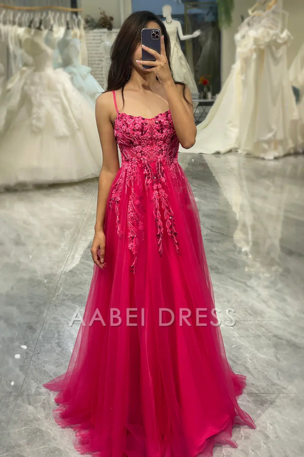AABEI DRESS Prom Dress A Line Spaghetti Straps Tulle Long Appliques Fashion Charming Dress