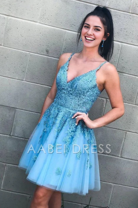 AABEI DRESS New Homecoming Dress A Line V Neck Spaghetti Strap Backless Lace Appliques Tulle Cute Short Prom Dress