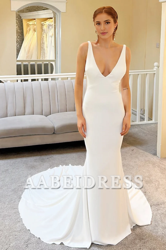 AABEI DRESS High Quality Elegant Simple Wedding Dress Deep V Neck Mermaid Backless Long Detachable Cape Formal Dresses
