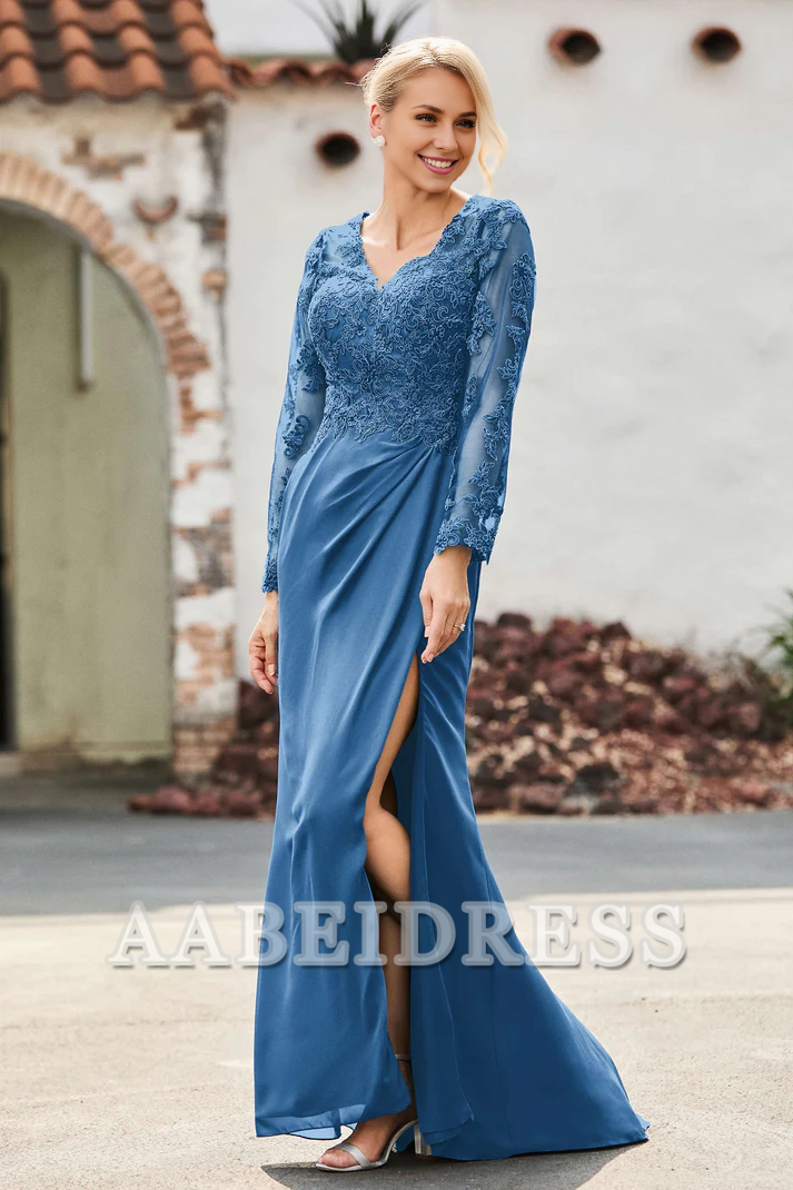 AABEI DRESS Mother of the Bride Dresses Lace V-neck Long Sleeves High Slit Elegant Dress Wedding Guests Dresses
