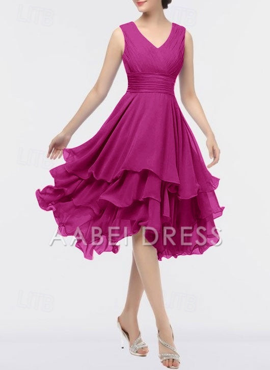 AABEI DRESS New Homecoming Dress A-Line Wedding Guest Dresses Party Dress Asymmetrical Sleeveless V Neck Chiffon with Ruched Tiered Dress Elegant Short Prom Dresses