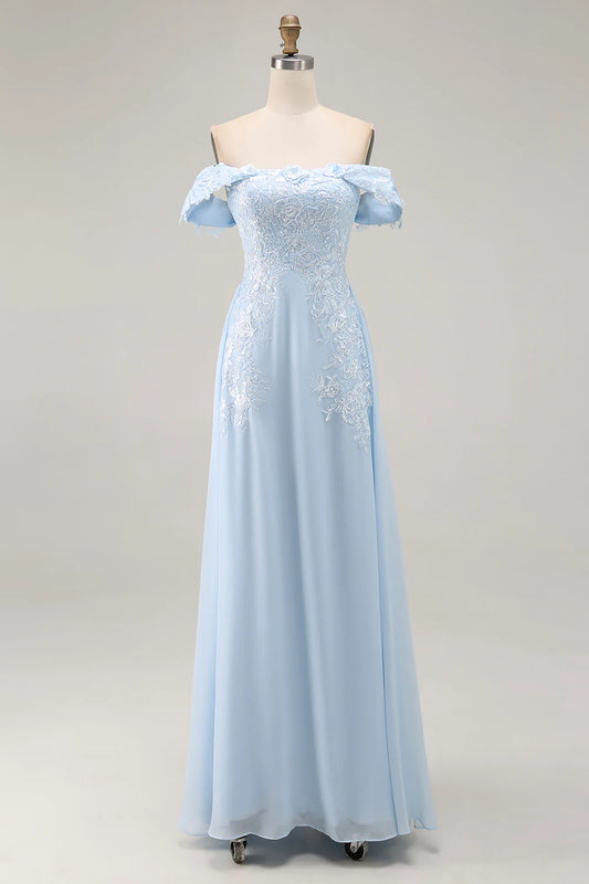 Sky Blue Chiffon A Line Off the Shoulder Lace Appliqued Backless Long Wedding Guest Dress For Women New Style Mother of the Bride Dress