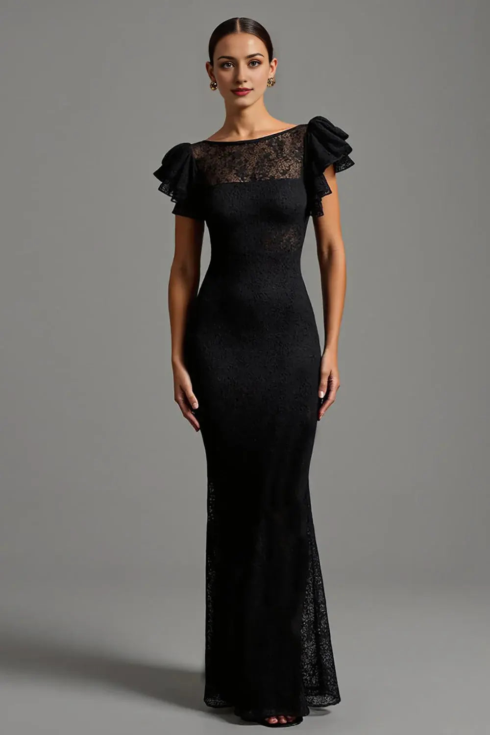 Charming Black Lace Mermaid Boat Neck V back Long Formal Dress with Ruffles Elegant Evening Dresses