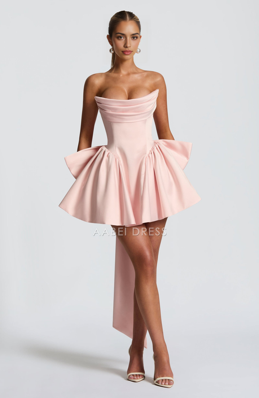 AABEI DRESS Hot Sale Homecoming Dress Exquisite Scooped neckline strapless Pleated Detachable bow Mini Dress Cute Short Prom Dresse