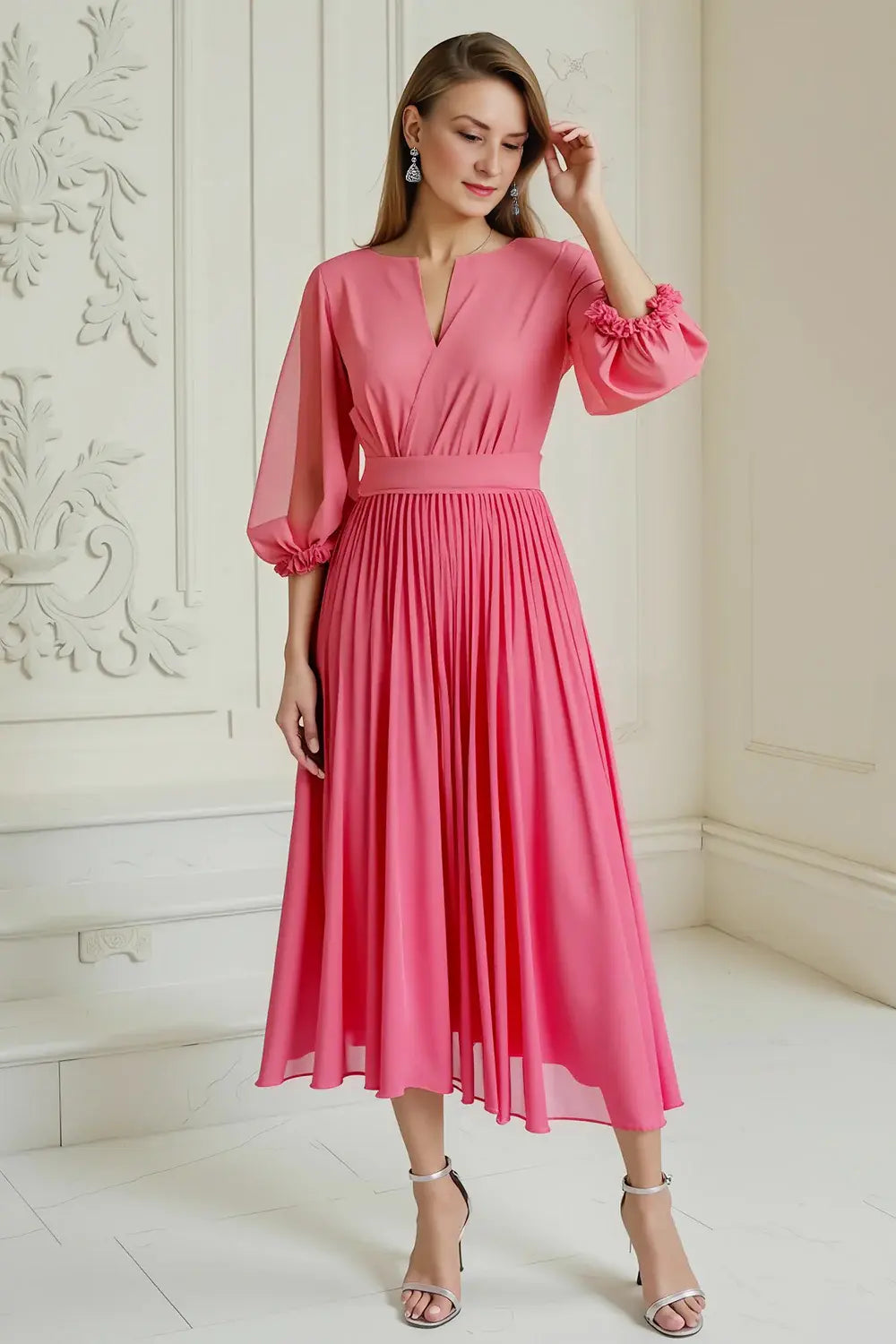 Elegant Hot Pink A Line V Neck 3/4 Long Sleeve Chiffon Pleated Dress Simple Wedding Guest Dress For Women Hot Sale Mother of the Bride Dress