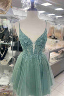 AABEI DRESS New Homecoming Dress A-Line Deep V-Neck Spaghetti Strap Appliques Sparkle Short Prom Dresse