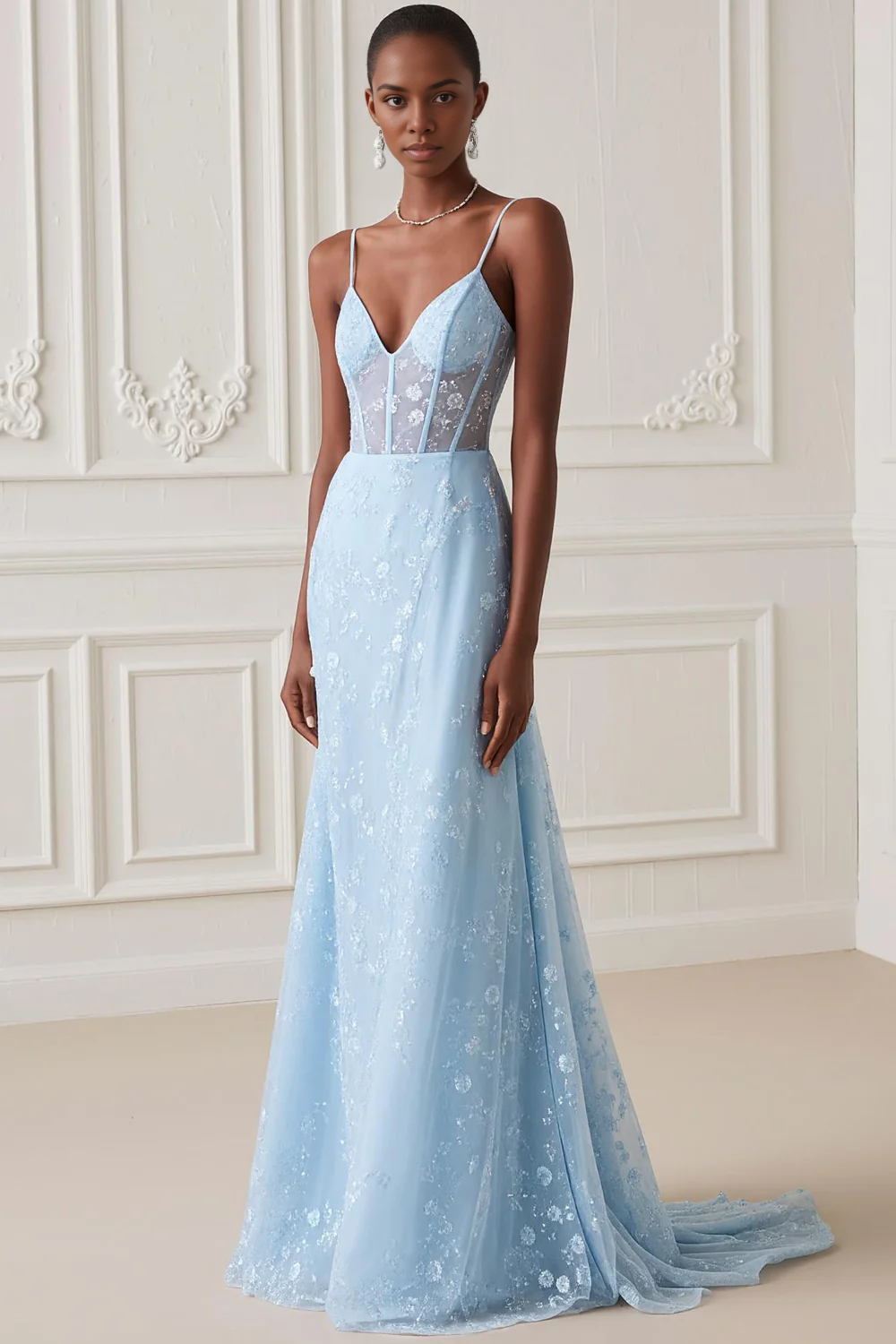 Luxury Prom Dress Light Blue Mermaid Spaghetti Straps Deep V Neck Sleeveless with Sequin Applique Bargain Long Wedding Guest Dress