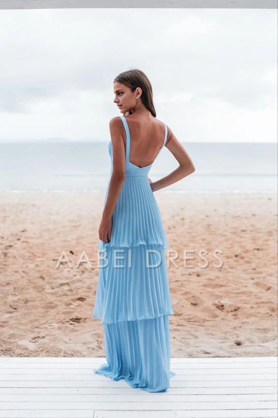AABEI DRESS Prom Dress A Line Chiffon Sleeveless Mid Waist Pleated Layering Fashion Dress