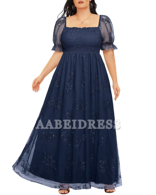 Prom Dress Plus Size Sequin Tulle Bridesmaid Square Neck Long Dress Romantic Wedding Guest Dresses Formal Wear Dresses