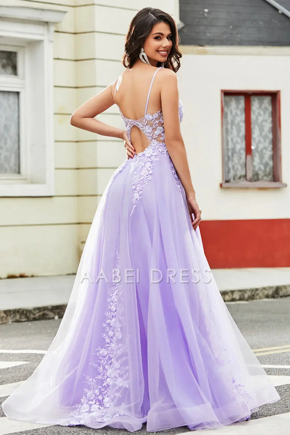AABEI DRESS Hot Sale Prom Dress Gorgeous A Line V Neck Spaghetti Straps Backless Tulle Appliques Long Party Dress