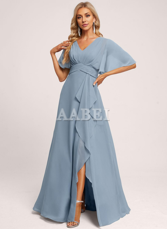 Formal Wear Dresses Bridesmaid Dresses Elegant V Neck Flutter Sleeve Ruffle Side Fork Long Wedding Guest Dresses
