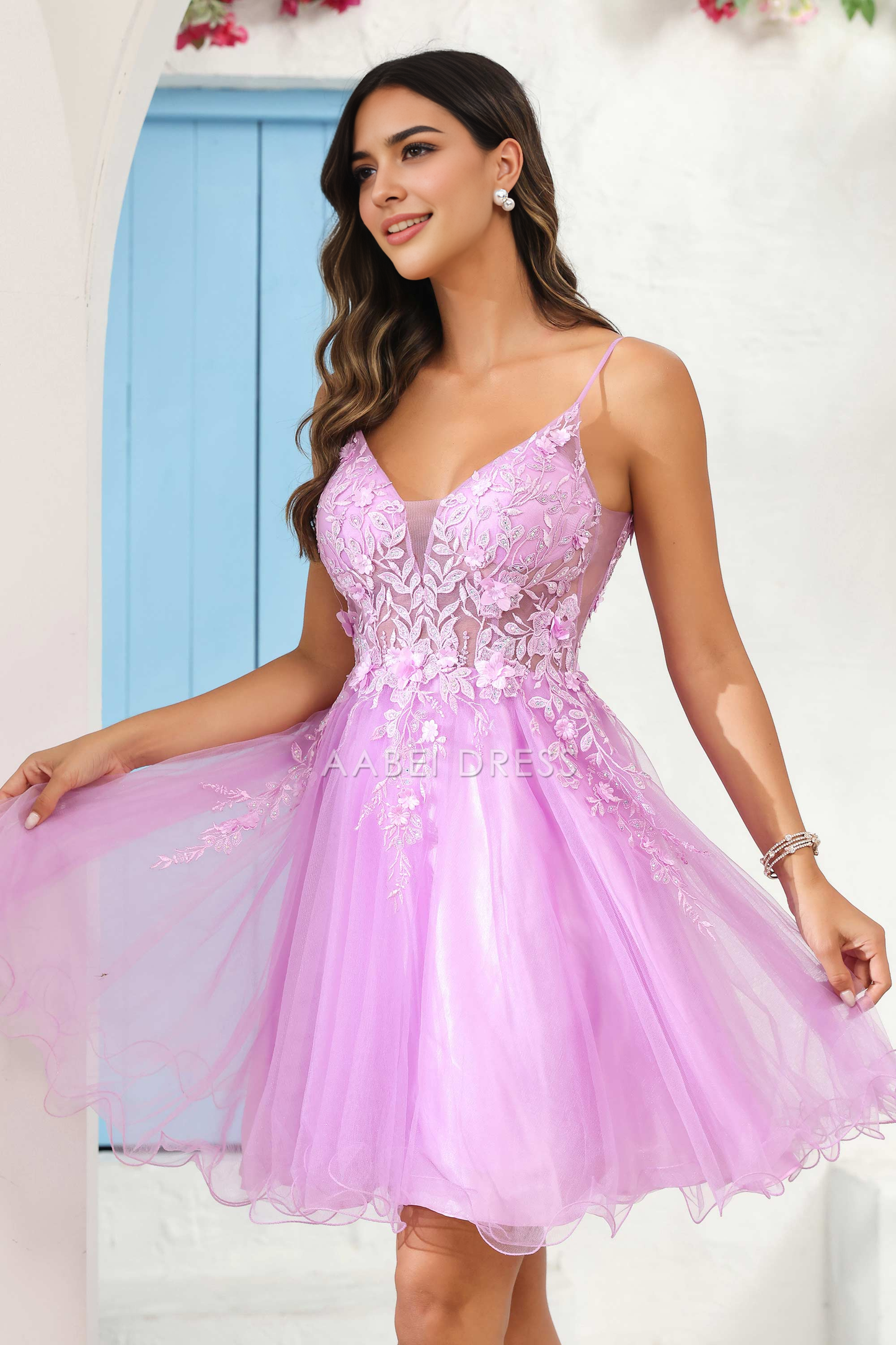 AABEI DRESS Short Dress Exquisite A Line V Neck See-Through Applique Tulle Backless New Homecoming Dress