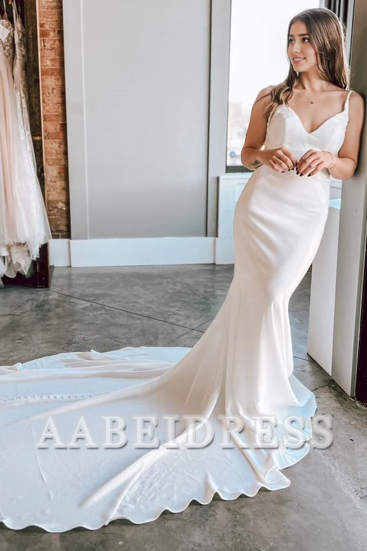 AABEI DRESS High Quality Charming Wedding Dress V-Neck Spaghetti Strap Backless Tie-Back Mermaid Long Sweep Train Formal Dresses