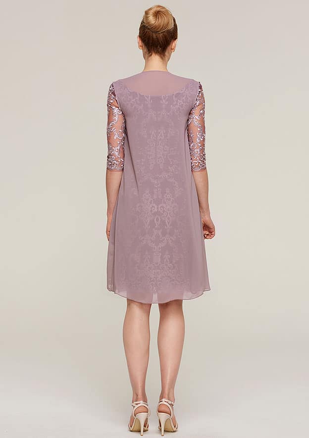 Vintage Wedding Guest Dresses Purple Sheath/Column Boat Neck Half Sleeve Lace Applique With Jacket Two-Piece Knee-Length Bargain Mother of the Bride Dress