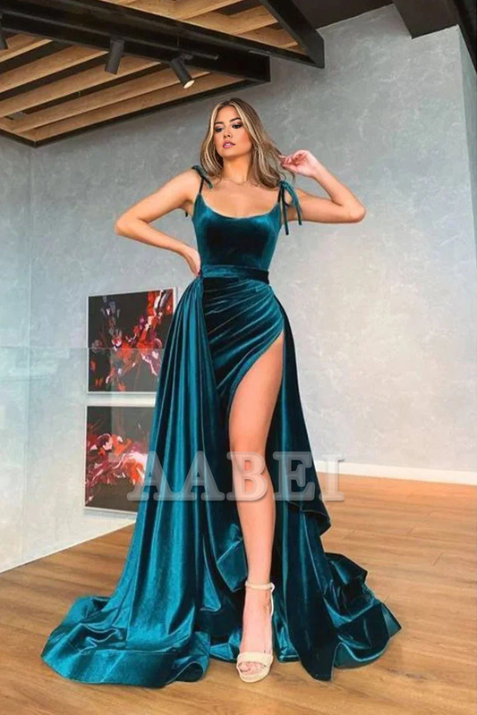 Evening Dress Spaghetti Strap Charming Scoop Neck Velvet Long Side Fork Sweep Train Elegant Formal Women's Dresses