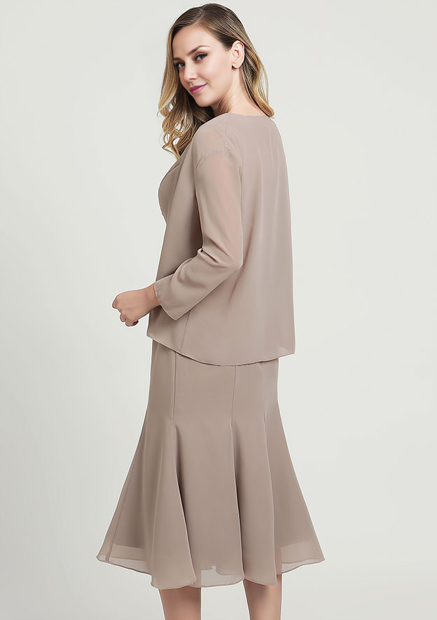 Exquisite Wedding Guest Dresses Chiffon Mermaid Bateau Sleeveless Beading With Long Sleeves Jacket Two-Piece Tea-Length Bargain Mother of the Bride Dress