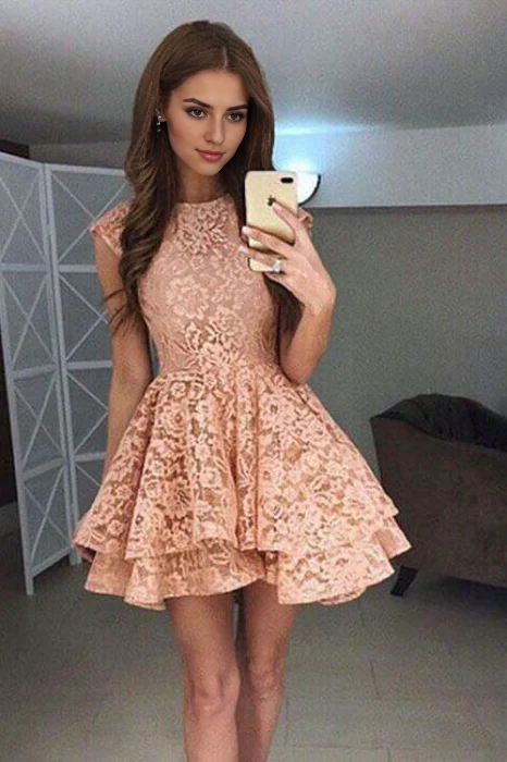 AABEI DRESS New Homecoming Dress A-Line Round Neck Tiers Cute Lace Short Prom Dress
