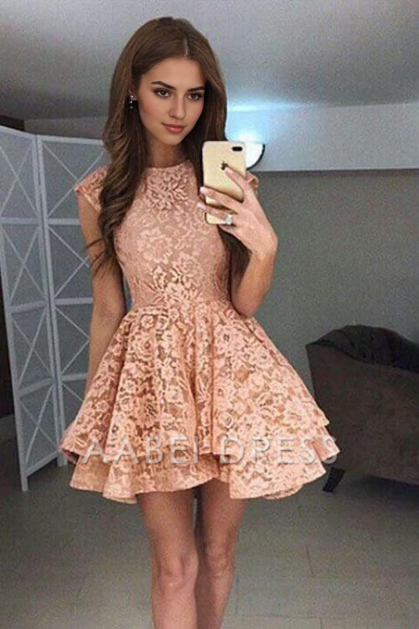 AABEI DRESS New Homecoming Dress A-Line Round Neck Tiers Cute Lace Short Prom Dress