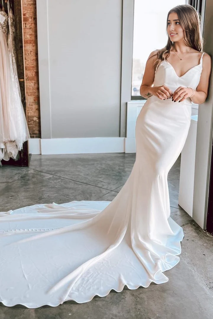 AABEI DRESS High Quality Charming Wedding Dress V-Neck Spaghetti Strap Backless Tie-Back Mermaid Long Sweep Train Formal Dresses