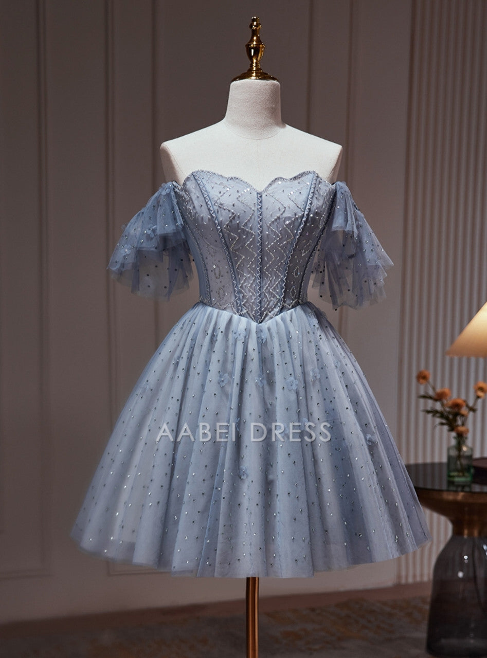 AABEI DRESS New Homecoming Dress Sparkle A-Line Sleeveless Tulle Beadwork Flower Short Prom Dresse