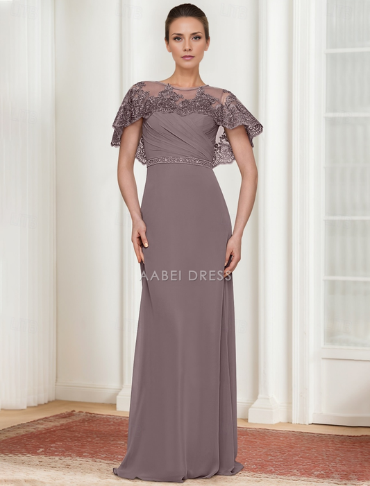 AABEI DRESS Wedding Guest Dress Elegant A-Line Jewel Neck Pleated Lace Shawl Floor Length Mother of the Bride Dress