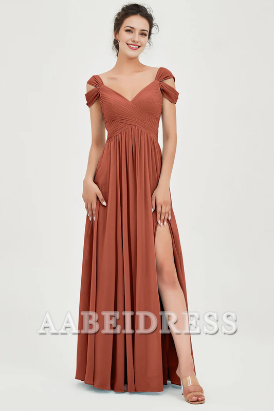 AABEI DRESS Bridesmaid Dresses Chiffon A-Line V-Neck Sleeveless Pleated Side Fork Floor-Length Elegant Dresses Wedding Guests Dresses