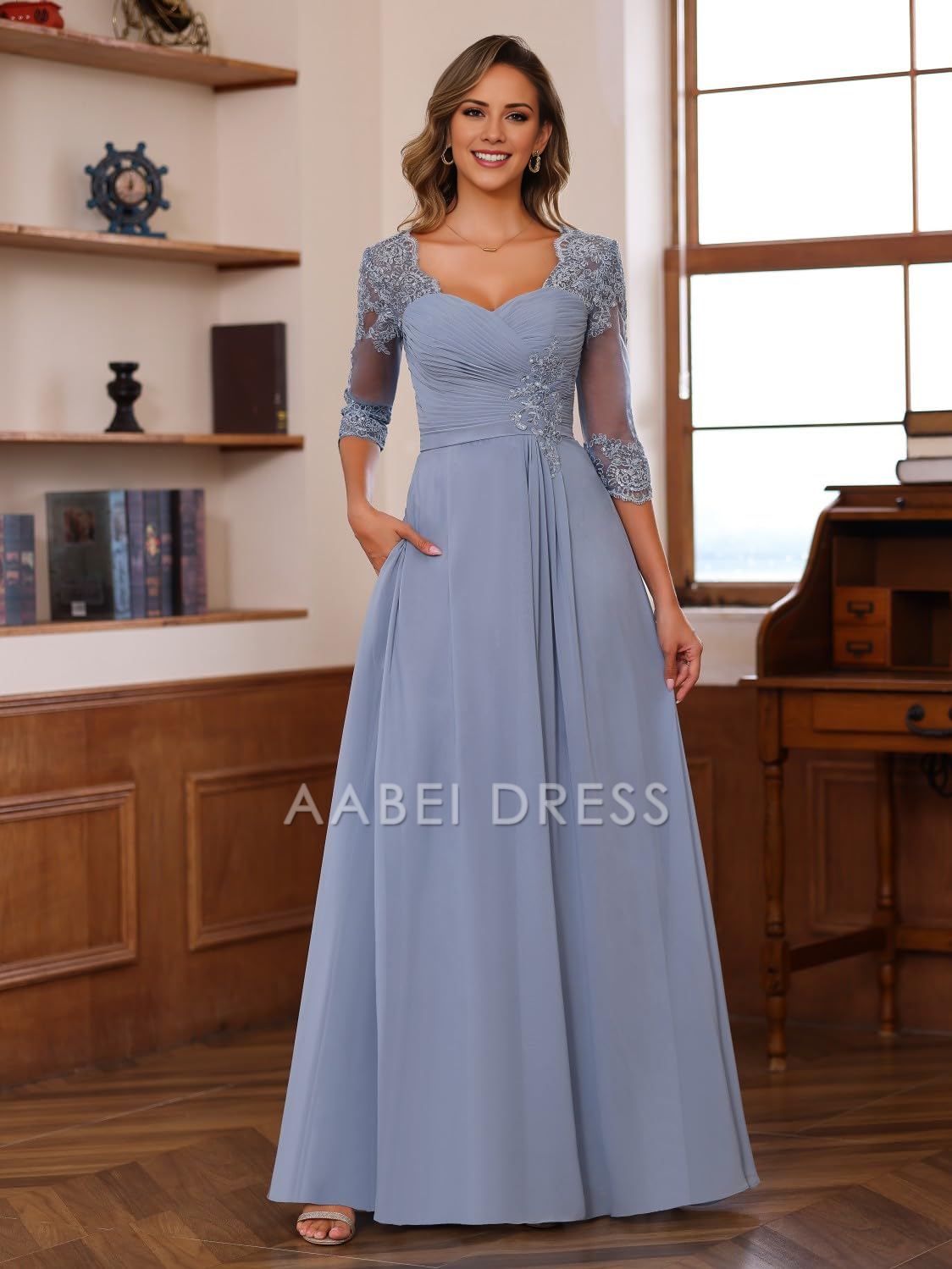 AABEI DRESS High Quality Mother of The Bride Dress A Line Sweetheart Chiffon Dresses Lace Half Sleeve Elegant Formal Dresses