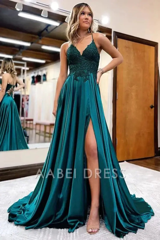 AABEI DRESS High Quality Evening Dress Satin A-line V-neck Spaghetti Straps Prom Dresses With Slit Elegant Party Dress