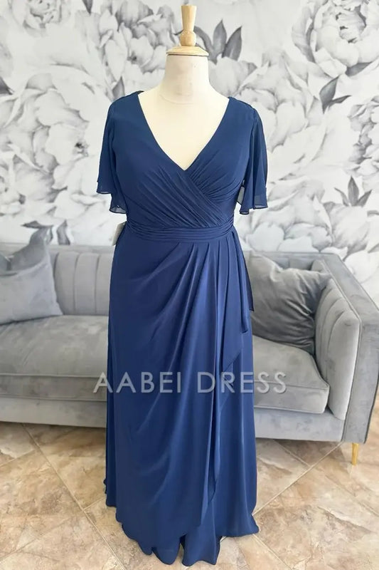 AABEI DRESS High Quality Mother of The Bride Dress Chiffon V Neck Flutter Sleeves Surplice Ruffle Long Elegant Dress Formal Dress