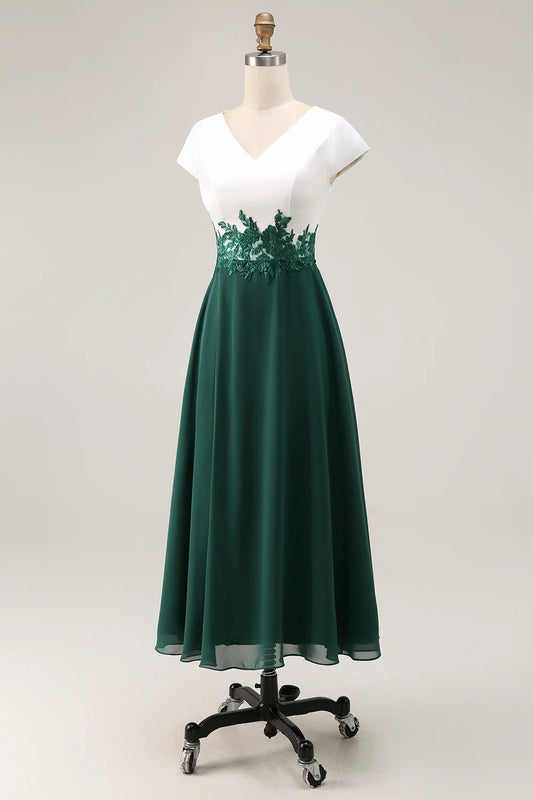 Wedding Guest Dress White Green Elegant A Line V-Neck Cap Sleeve Lace Appliqued Ruched Hem Long Hot Sale Mother of the Bride Dress